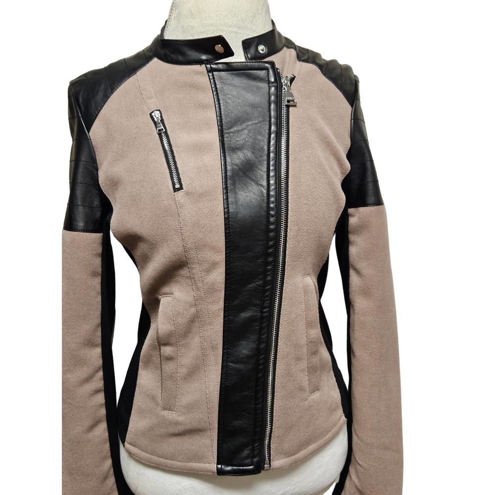 Express Two Toned Beige and Black Leather Full Zip Blazer Jacket Poly